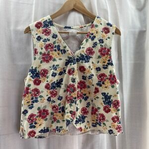 Cherokee Floral Vest Ivory Button Up Cottagecore Sleeveless Top Size L